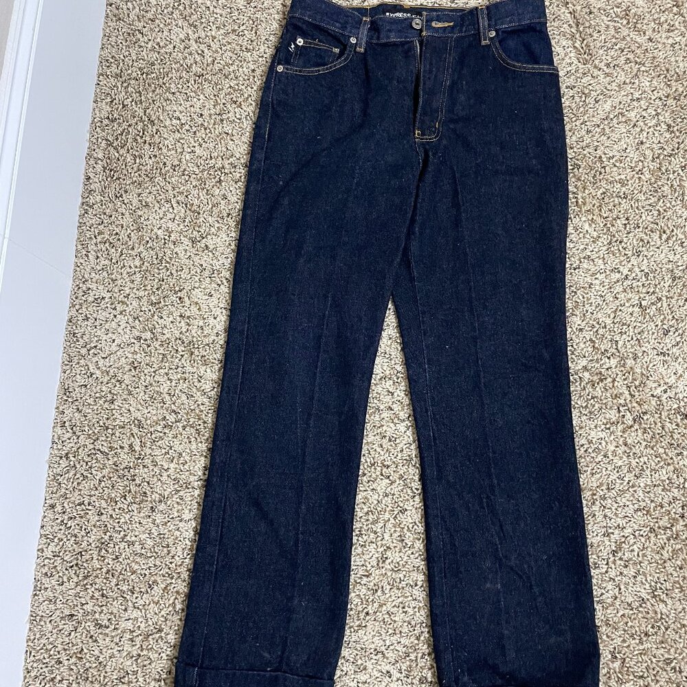 EXPRESS Dark Blue Denim Mid-Rise Stretch Boot Cut Jeans; Size 7/8 L